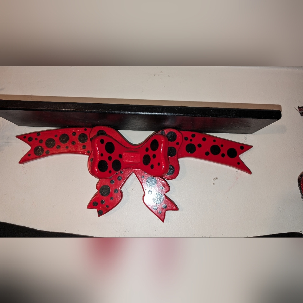 Hand painted shelf with huge red bow and black polka dots, black shelf